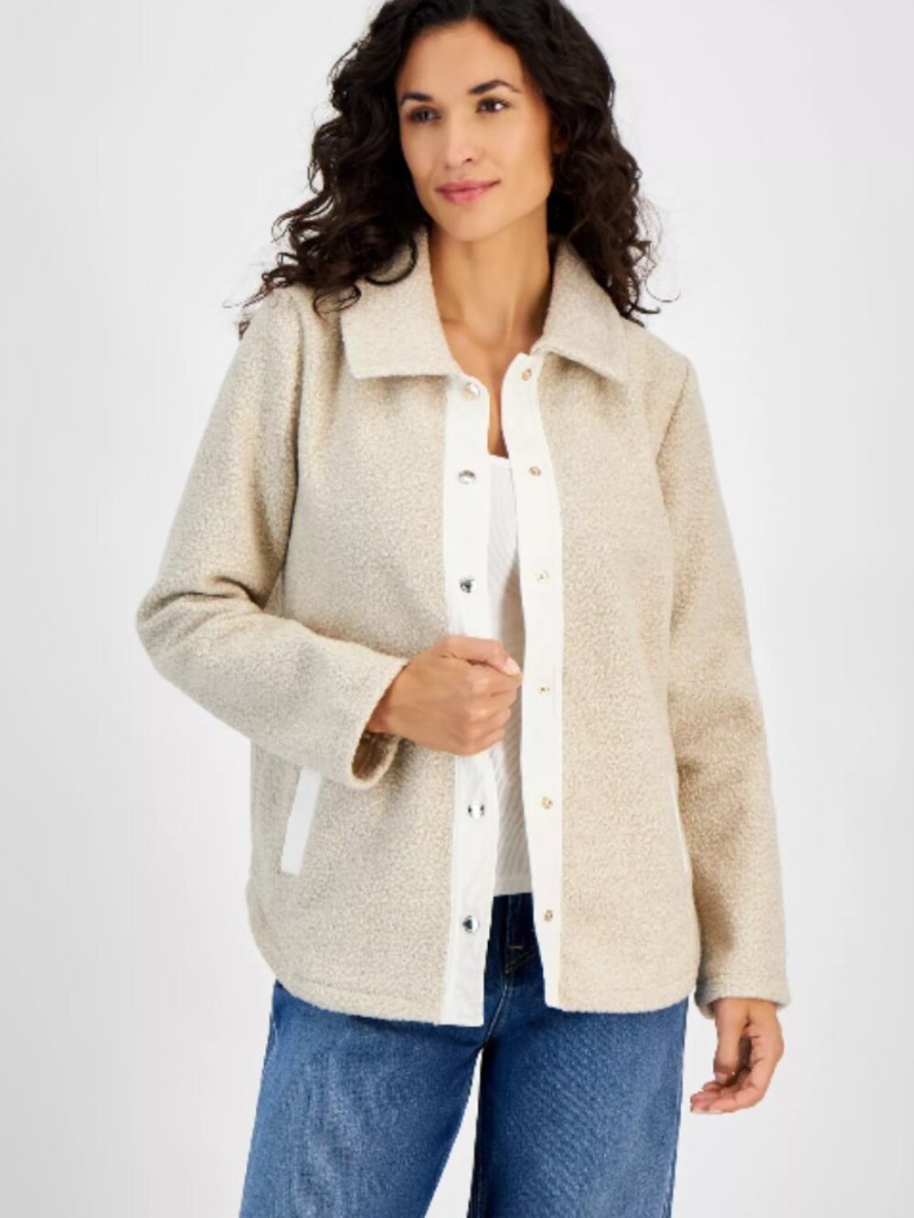 Tommy Hilfiger Sherpa Shacket Women XS Snap Front Teddy Fleece Jacket Cozy Layer